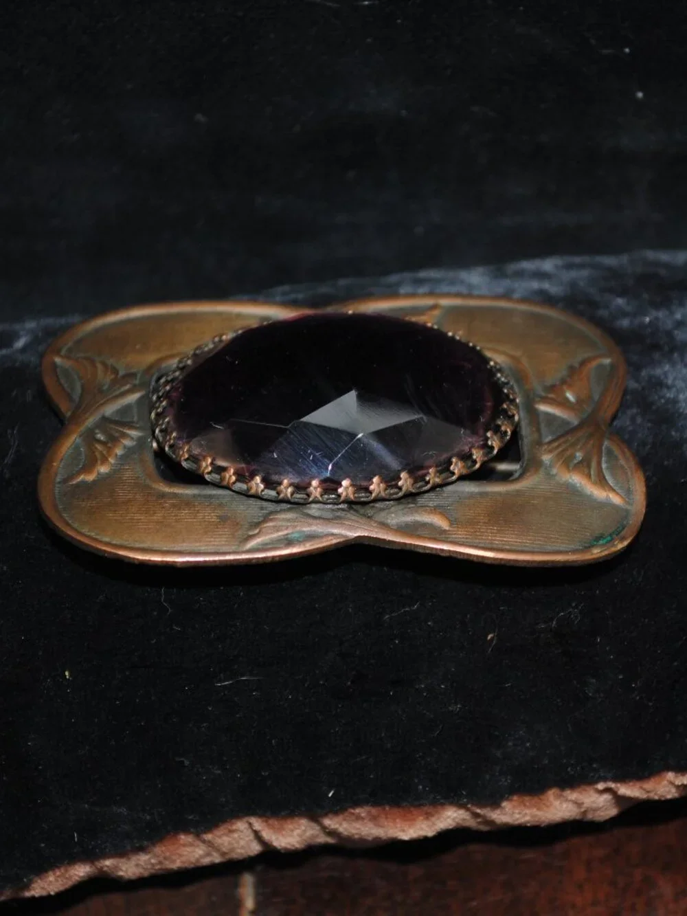 Antique Art Nouveau Sash Pin / Brooch with Foil Back Amethyst Glass